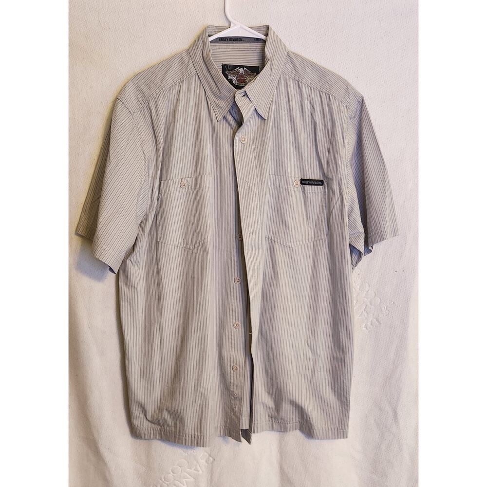 Harley Davidson Short Sleeve Striped Embroidered Gray Button Down Shirt Large L